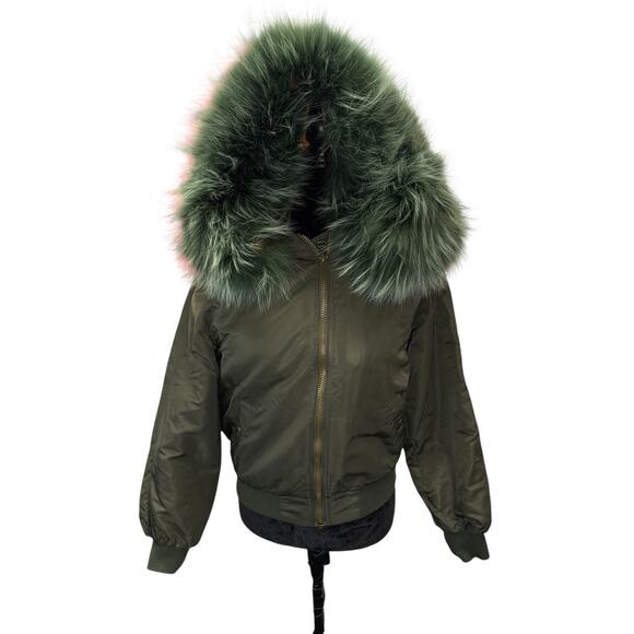 Stylish Olive Bomber Jacket with Real Fox Fur Hood • XS/S • Warm & Chic - Picture 2 of 12
